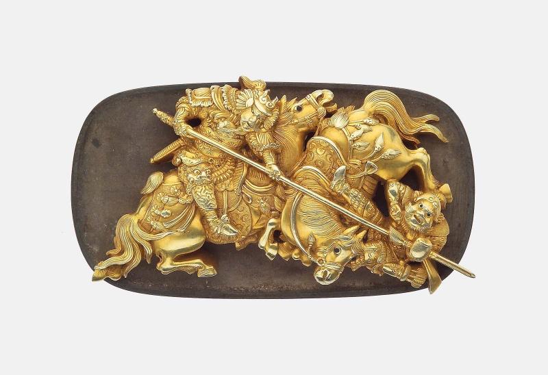 Kanamono in the form of a mounted samurai unhorsing another with his spear, with backplate engraved with a samurai seated on the ground