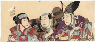 Actors Ogawa Kichitarô III as a Daimyô, Nakamura Kashichi II as Tarô Kaja, and Nakamura Sankô I as a Female Monkey Trainer