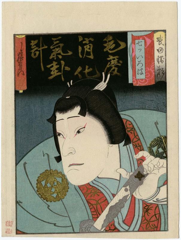 The Syllable Ke: Actor Arashi Rikaku II as Takeda Katsuyori, from the series Seven Calligraphic Models for Each Character in the Kana Syllabary (Nanatsu iroha)