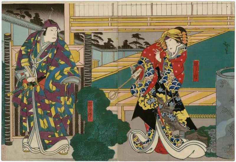 Actors Nakayama Nanshi II as Umegae (R) and Jitsukawa Enzaburô I as Kajiwara Genta (L)