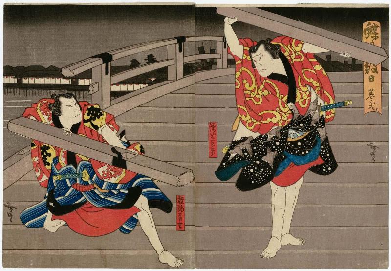 Actors Nakamura Utaemon IV as Nuregami Chôgorô (R) and Jitsukawa Enzaburô I as Hanaregoma Chôkichi (L), in Act 2 of Chôchô no Monbi