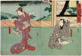 Actors Nakamura Utaemon IV as Fukami Katsugorô (R) and Nakayama Nanshi II as Otsuyu (L), in Act 2 of Kiyome no Funauta