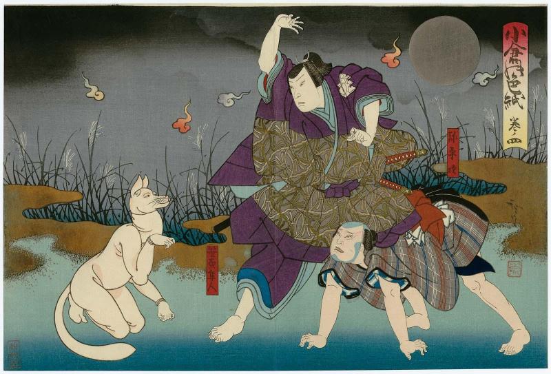 Actors Nakamura Tomozô as Yaheiji and Kataoka Gadô II as Sasahara Hayato in Act 4 of Ogura no Shikishi