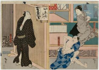 Actors Nakayama Nanshi II as the Courtesan Tomi (R); Ichikawa Ichizô I as Jisuke and Ichikawa Shiyû as the Servant Tahei (CR); Yamashita Kinsaku IV as Jisuke's Wife Kaji and Nakamura Tomosa II as the Servant Kyûshichi (CL); and Nakamura Utaemon IV as Danshichi Mohei (L), in Act 2 of Shigure no Karakasa