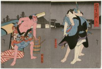 Actors Jitsukawa Enzaburô I as Nagoya Sanza (R) and Mimasu Baisha I as the Footman (Yakko) Shikazô (L), in  Act 8 of Inazuma Sôshi