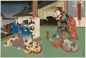 Actors Onoe Fujaku as the Daughter (Musume) Osode (R) and Nakamura Utaemon IV as Karaki Masaemon (L), in Igagoe Buyûden