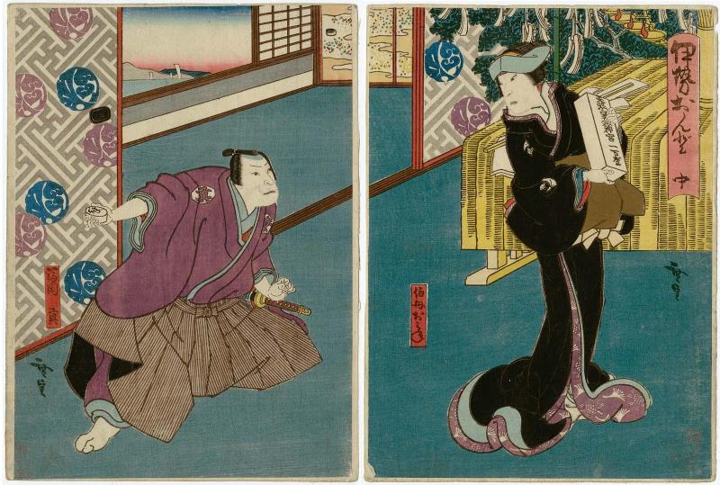 Actors Kataoka Gadô II as Aunt (Oba) Omie (R) and Jitsukawa Enzaburô I as Fukuoka Mitsugi (L), from the middle act of Iseondo