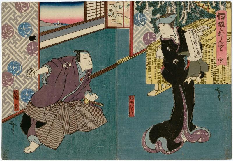 Actors Kataoka Gadô II as Aunt (Oba) Omie (R) and Jitsukawa Enzaburô I as Fukuoka Mitsugi (L), from the middle act of Iseondo