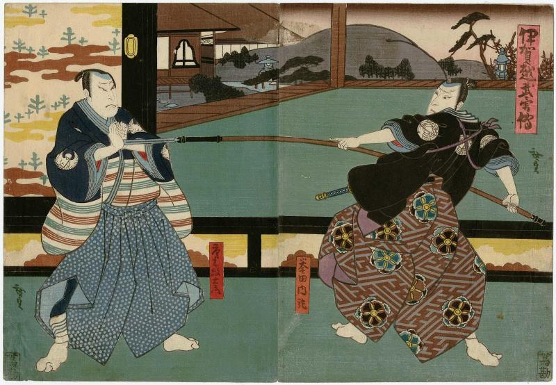 Actors Mimasu Daigorô IV as Konda Naiki (R) and Nakamura Utaemon IV as Karaki Masaemon (L), in Igagoe Buyûden