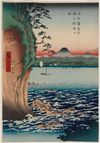 Panoramic View of the Sea from the Inn at Enoshima (Enoshima ryotei yori kaijô chôbô no zu), left sheet of the triptych A Fashionable Parody of Genji (Fûryû mitate Genji)