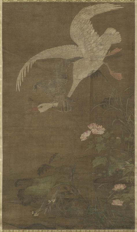 Falcon striking a swan