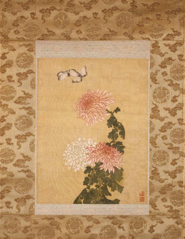 Two butterflies above chrysanthemums