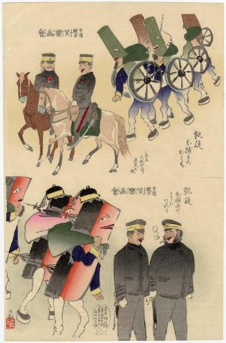 Triumphal Return with Captured Goods (Gaisen shuho mono otomo), and Triumphal Return Bringing Captured Ships (Gaisen shuhosen o tomo ni tsureru), from the series Comical Art Exhibit of the Sino-Japanese War (Nissei sensô shôraku gakai)