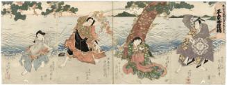 Actors, from right: Ichikawa Ebijûrô I as Tanzaemon Motoyasu, No. 1; Fujikawa Tomokichi II as the Diving Woman (Ama) Chidori, No. 2; Nakamura Utaemon III as Seo Tarô, No. 3; and Ichikawa Danzô V as Shunkan, No. 4; in the play Heike Nyôgo-no-shima