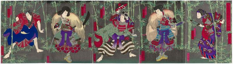 Actors Onoe Taganojô II as Hisayoshi's Wife (Tsuma) Otake, Arashi Rikan IV as Saitô Kurandonosuke, Ichikawa Udanji I as Mashiba Hisayoshi, Jitsukawa Enjaku I as Akechi Mitsuhide, and Kataoke Gadô III as the Farmer (Hyakushô) Ichisaku