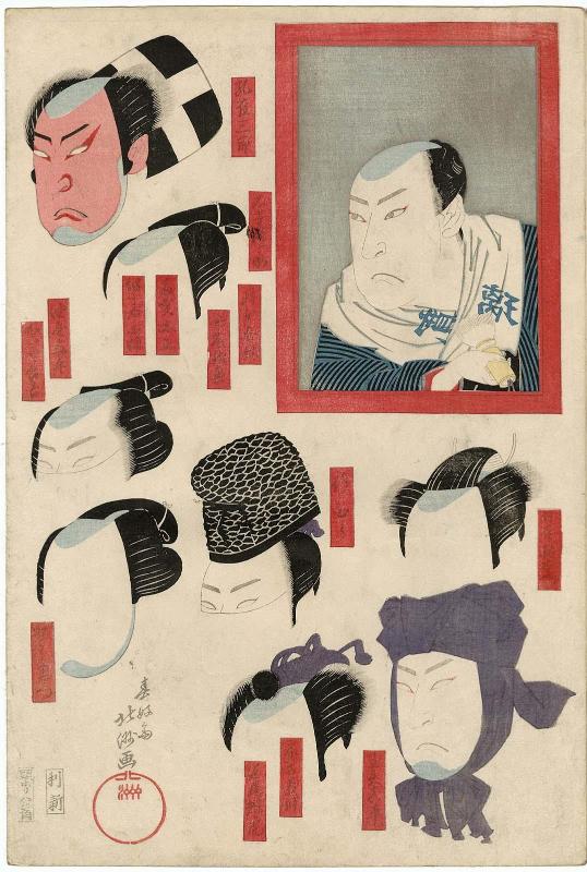 Actor Arashi Kitsusaburô I (Rikan) in the dressing room mirror, with wigs and makeup for various roles, from an untitled series of five