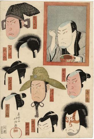 Actor Arashi Kitsusaburô I (Rikan) in the dressing room mirror, with wigs and makeup for various roles, from an untitled series of five