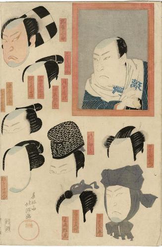 Actor Arashi Kitsusaburô I (Rikan) in the dressing room mirror, with wigs and makeup for various roles, from an untitled series of five
