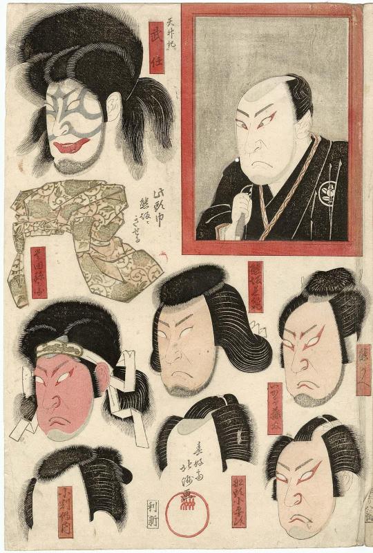 Actor Arashi Kitsusaburô I (Rikan) in the dressing room mirror, with wigs and makeup for various roles, from an untitled series of five