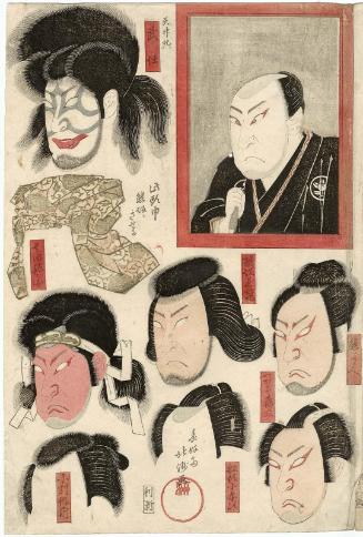 Actor Arashi Kitsusaburô I (Rikan) in the dressing room mirror, with wigs and makeup for various roles, from an untitled series of five