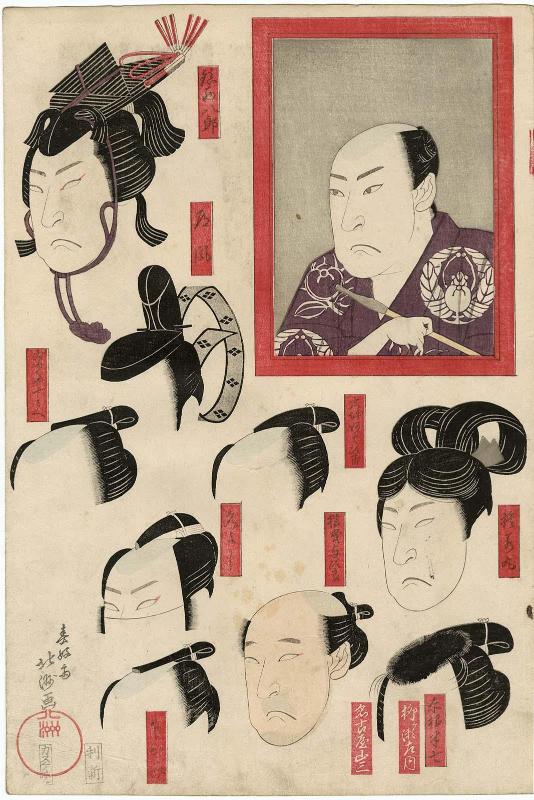 Actor Arashi Kitsusaburô I (Rikan) in the dressing room mirror, with wigs and makeup for various roles, from an untitled series of five