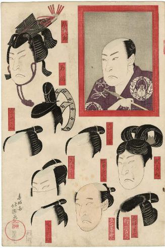 Actor Arashi Kitsusaburô I (Rikan) in the dressing room mirror, with wigs and makeup for various roles, from an untitled series of five