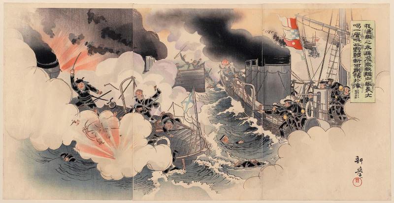 A Sailor of Our Warship Sazanami Jumped onto the Deck of a Russian Ship. With a Thundering Cry, "Hey You!" He Cut at the Enemy Captain and Kicked Him into the Water. --In the Sea Battle near Port Arthur, March 10, 1904