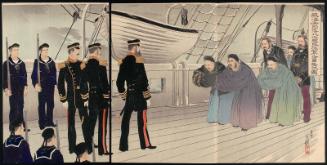 After the Fall of Weihaiwei the Commander of the Chinese Beiyang Fleet, Admiral Ding Ruchang, Surrenders (Ikaiei kanraku Hokuyô kantai teitoku Tei Jôshô kôfuku no zu)