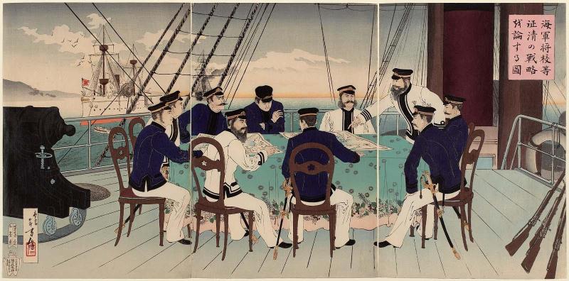 Naval Officers Discussing the Battle Strategy for the Invasion of China (Kaigun Shôkôra seishin no senryaku o ronzuru zu)