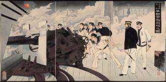 Japanese Warships Fire on the Enemy near Haiyang Island (Kaiyôtô fukin teikoku gunkan happô no zu)