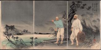 Colonel Satô Disguised in Korean Attire Reconnoiters the Yalu Shore with an Interpreter (Satô taisa kanpuku o chakushi tsûyakukan o shitagae Ôryokkô no engan o teisatsu su)