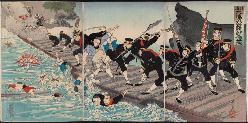 Sino-Japanese War: The Fierce Battle on the Pontoon Bridge at Jiuliancheng (Nisshin: Kyûrenjô funabashi gekisen no zu)