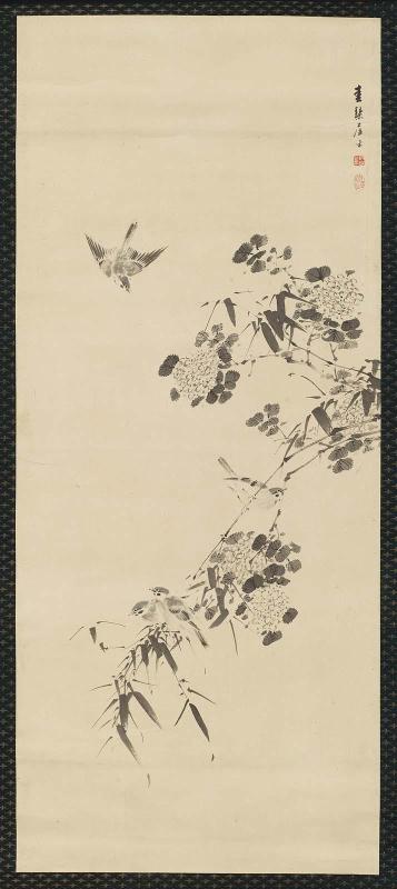 Hydrangea, Bamboo, and Sparrows