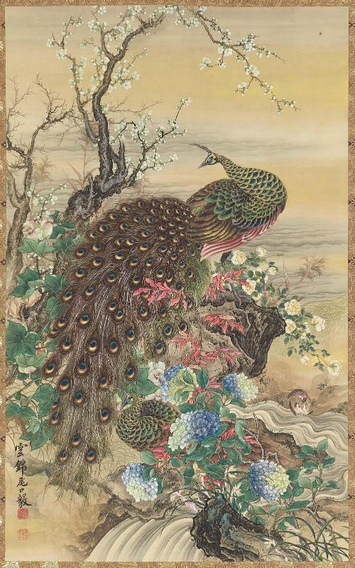Peafowl, Plum Blossoms, and Hydrangeas