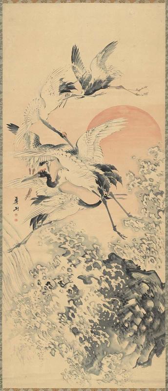 Rising Sun with Cranes Flying over Waves and Rocks