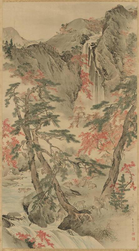 Autumn Landscape with Deer and Monkeys
