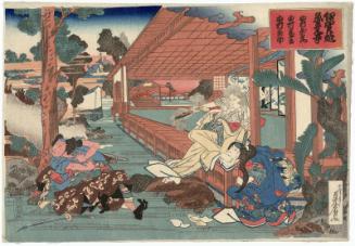 Actors Nakamura Utaemon IV as Sasaki Niemon, Nakamura Tomijûrô II as Sasao, and Nakamura Tamasuke I as Narumi in the Play Igagoe Norikake Gappa