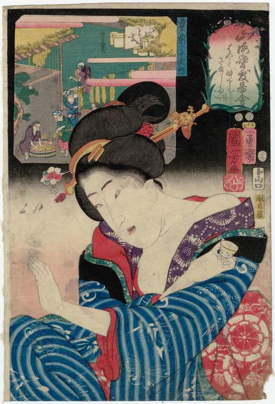 Wanting to Sober Up Quickly (Hayaku yoi o samashitai)/ Kokura-ori Striped Fabric from Buzen Province (Buzen kokura-jina), from the series Auspicious Desires on Land and Sea (Sankai medetai zue)