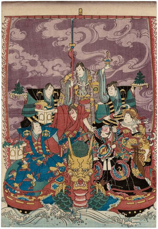 Actors as Characters in a Soga Play, Representing the Seven Gods of Good Fortune in the Treasure Ship: Nakamura Tomozô as Usami no Saburô, Representing Jurôjin (or Fukurokuju); Nakayama Nanshi II as Ôiso no Tora, Representing Benten; Onoe Tamizô II as Kobayashi no Asahina, Representing Hotei; Ichikawa Ebijûrô IV as Kudô Suketsune, Representing Bishamonten; Ichikawa Ebizô V as Soga no Gorô, Representing Daikoku; Ichikawa Ichizô III as Kugami no Saburô, Representing Fukurokuju (or Jurôjin); Jitsukawa Enzaburô I as Soga no Jûrô, Representing Ebisu