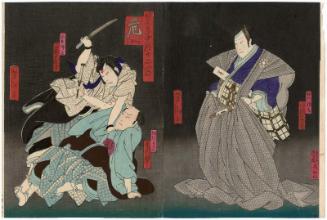 Actors Kataoka Gatô II as Hosokawa Katsumoto (R), Ichikawa Ebijûrô V as Geki Saemon, and Mimasu Daigorô V as Nikki Danjô (L)