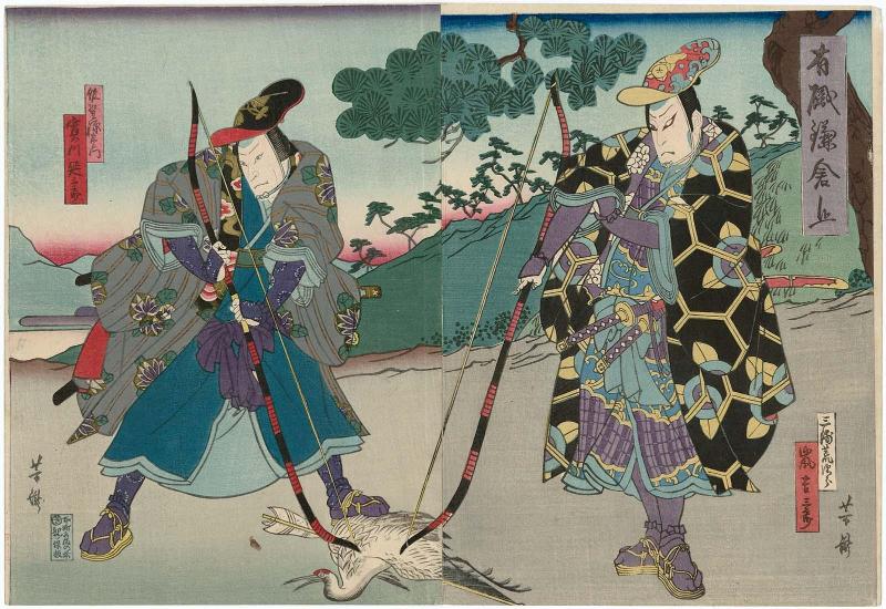 Actors Arashi Kichisaburô III as Miura Arajirô (R) and Jitsukawa Enzaburô I as Sano Genzaemon (L), in Yûshoku Kamakurayama