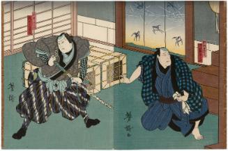 Actor Arashi Kichisaburô III as Akabori Mizuemon (R), Kataoka Ichizô I as Matsuzakaya Sehei (C), and Onoe Tamizô II as Ishii Genzô (L), in Act VIII of Ukigi no Kameyama