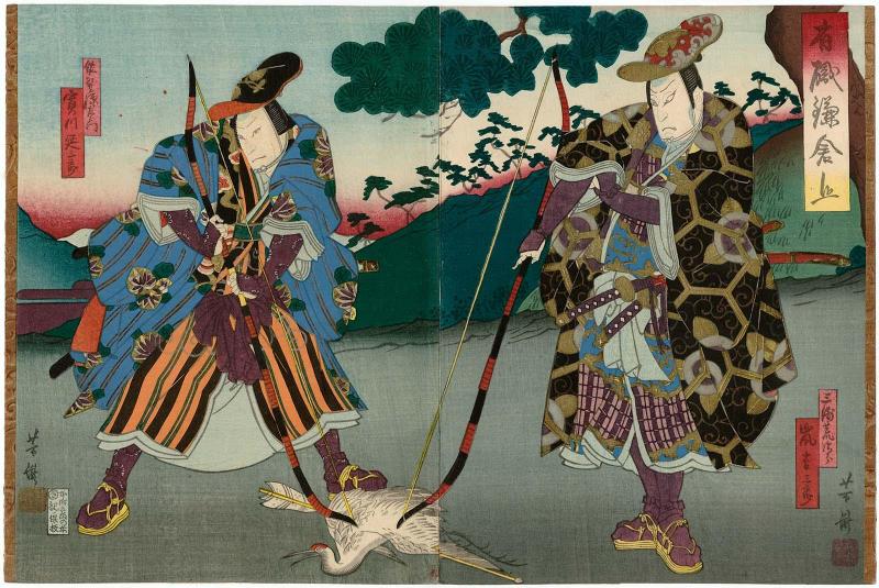Actors Arashi Kichisaburô III as Miura Arajirô (R) and Jitsukawa Enzaburô I as Sano Genzaemon (L), in Yûshoku Kamakurayama
