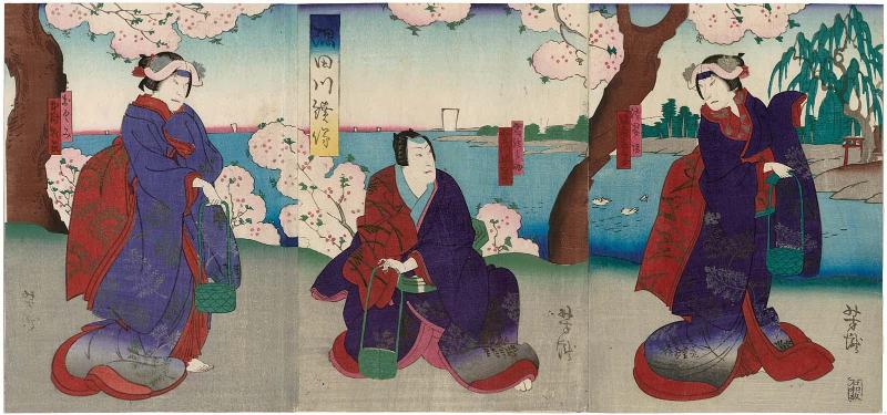 Actors Bandô Hikosaburô V as Hôkaibô (R), Jitsukawa Enzaburô II as Tonoinosuke (C), and Nakamura Kanjaku III as Okumi (L), in the Play Sumidagawa Gonichi no Omokage