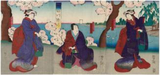Actors Bandô Hikosaburô V as Hôkaibô (R), Jitsukawa Enzaburô II as Tonoinosuke (C), and Nakamura Kanjaku III as Okumi (L), in the Play Sumidagawa Gonichi no Omokage