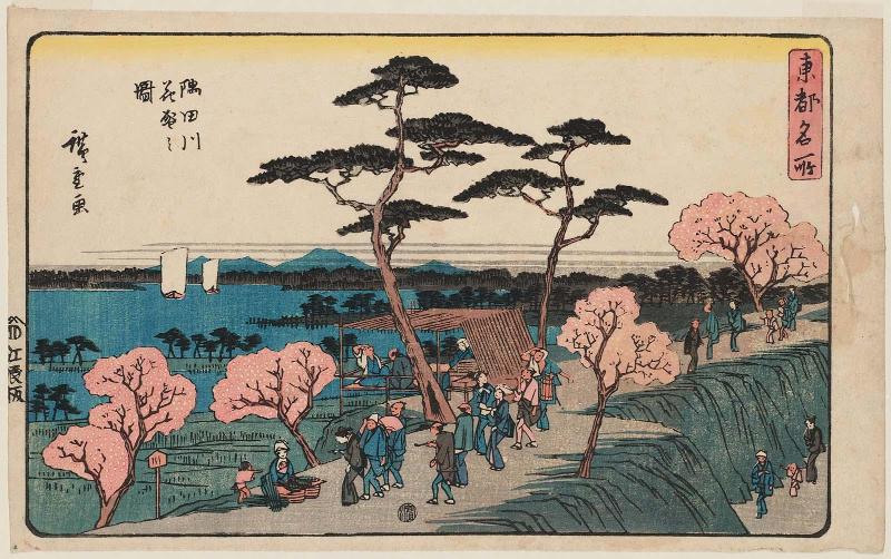 Cherry Blossoms in Full Bloom along the Sumida River (Sumidagawa hanazakari no zu), from the series Famous Places in the Eastern Capital (Tôto meisho)