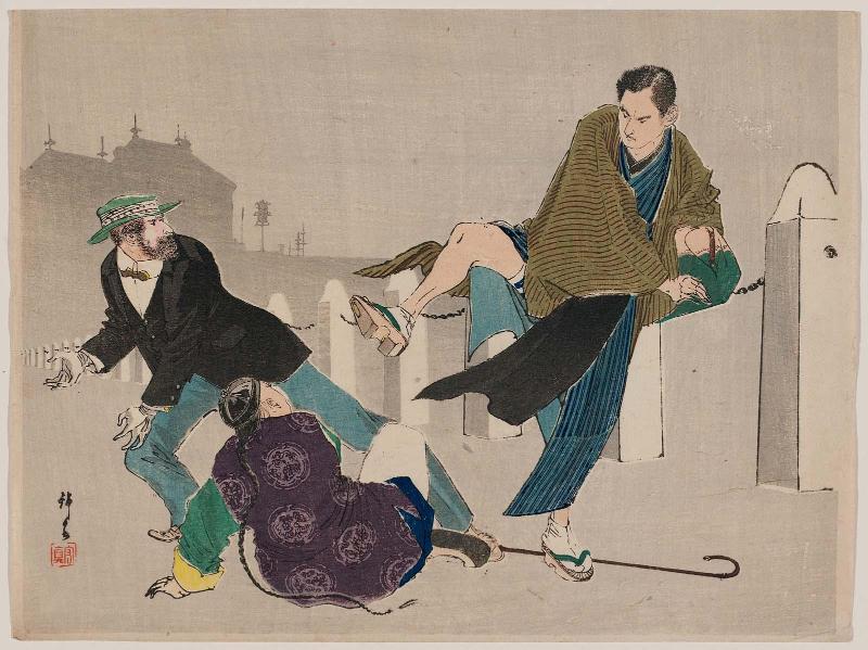 Street Fight between a Japanese, a Chinese, and a Westerner; frontispiece illustration from an unidentified book or magazine