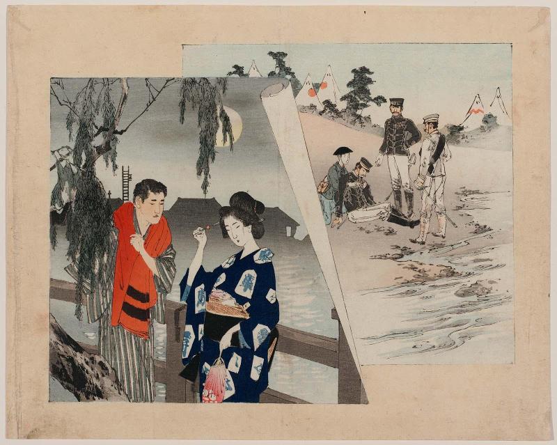 The Home Front (foreground) and the War with China (background), frontispiece illustration for the novel Tanigashi