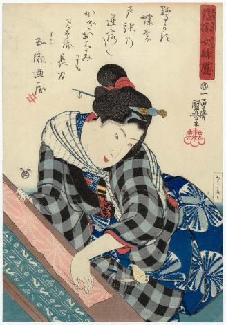 Drying Board Suggesting Hiyodorigoe, from the series Women in Benkei-checked Fabrics (Shimazoroi onna Benkei)