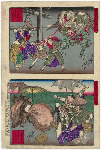 Twisting the Nose of a Tengu at the Konpira Shrine at Toranomon (Toranomon Konpira jinja shussei tengu Ôtengu no hana o nejiran to su, above); Medicine Peddlers Startled by Gigantic Testes of Tanuki at Hiroo Plain in Azabu (Azabu Hiroo no hara Senkintan ôkindama ni odoroku, below); from the series Famous Places and Humorous Images of Modern Life in Tokyo (Tôkyô kaika kyôga meisho)